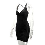 EVE Sexy Backless V Neck Pleated Mini Dress YMYF-8212