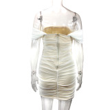EVE Off Shoulder Mesh Pleated Mini Dress YMYF-8908
