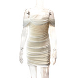 EVE Off Shoulder Mesh Pleated Mini Dress YMYF-8908