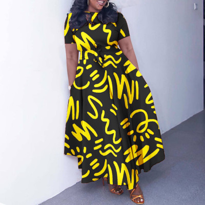 EVE Plus Size Tie Up Print Short Sleeve Maxi Dress GCZF-8619