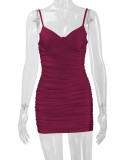 EVE Sexy Solid Color Pleated Sling Mini Dress YMYF-8218