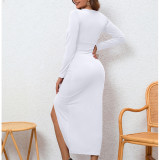 EVE Long Sleeve V Neck Split Midi Dress YMYF-9311