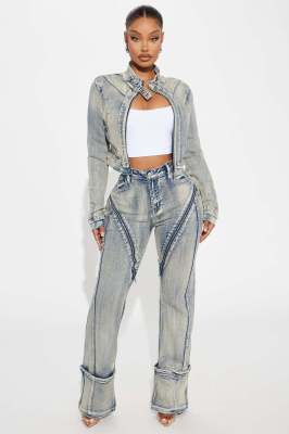 EVE Fashion Wash Patchwork Denim Two Piece Pants Set DYMEF-52065