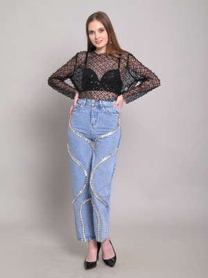 EVE Rhinestone Spliced Wide Leg Jeans YRST-R110