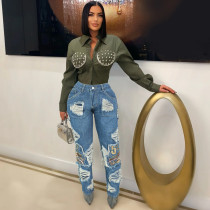 EVE Holes Embroidered Straight Jeans WAF-77691