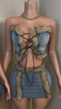 EVE Plush Patchwork Bustier Tops And Skirts Denim 2 Piece Set YRST-T034
