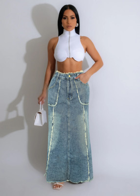 EVE Holes Loose Denim Long Skirt WAF-77692