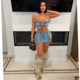 EVE Plush Patchwork Bustier Tops And Skirts Denim 2 Piece Set YRST-T034