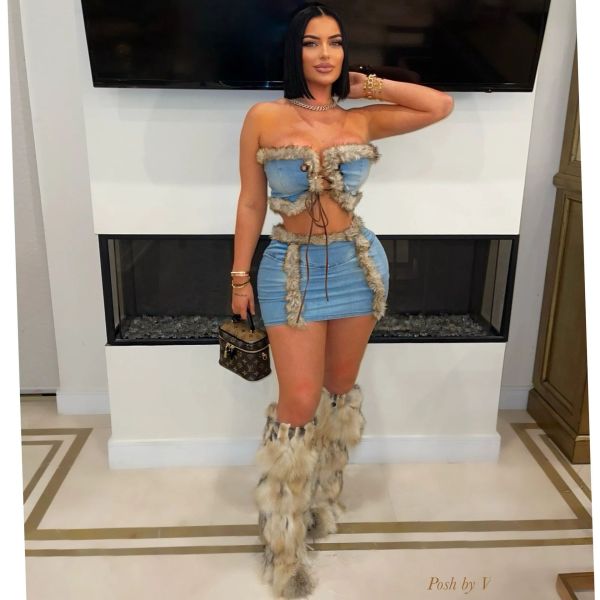EVE Plush Patchwork Bustier Tops And Skirts Denim 2 Piece Set YRST-T034