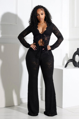 EVE Sexy Tie Up Long Sleeve Lace Two Piece Pants Set YRST-T057