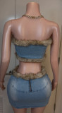 EVE Plush Patchwork Bustier Tops And Skirts Denim 2 Piece Set YRST-T034