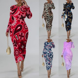 EVE Plus Size Fashion Print Long Sleeve Midi Dress PN-8610