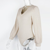 EVE Lantern Sleeve Knits V Neck Bodysuit GZJF-12003