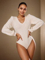 EVE Lantern Sleeve Knits V Neck Bodysuit GZJF-12003