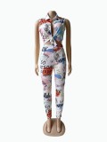 EVE Plus Size Lapel Print Sleeveless Tops Two Piece Pants Set WUM-2415