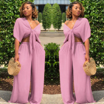 EVE Solid Color Tie Up Wide Leg Pants Two Piece Set GTYZ-7003