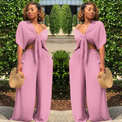 EVE Solid Color Tie Up Wide Leg Pants Two Piece Set GTYZ-7003