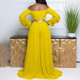 EVE Plus Size One Shoulder Ruffles Sleeve Wide Leg Jumpsuit GCZF-8611
