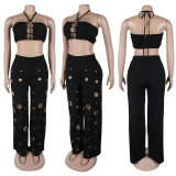EVE Sexy Holes Halterneck Two Piece Pants Set GTYZ-7436