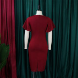 EVE Plus Size Flare Sleeve Solid Color Midi Dress GCZF-8423
