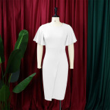 EVE Plus Size Flare Sleeve Solid Color Midi Dress GCZF-8423