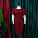 EVE Plus Size Flare Sleeve Solid Color Midi Dress GCZF-8423