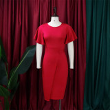 EVE Plus Size Flare Sleeve Solid Color Midi Dress GCZF-8423