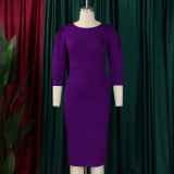 EVE Plus Size Solid Color O Neck Slim Midi Dress GCZF-8612