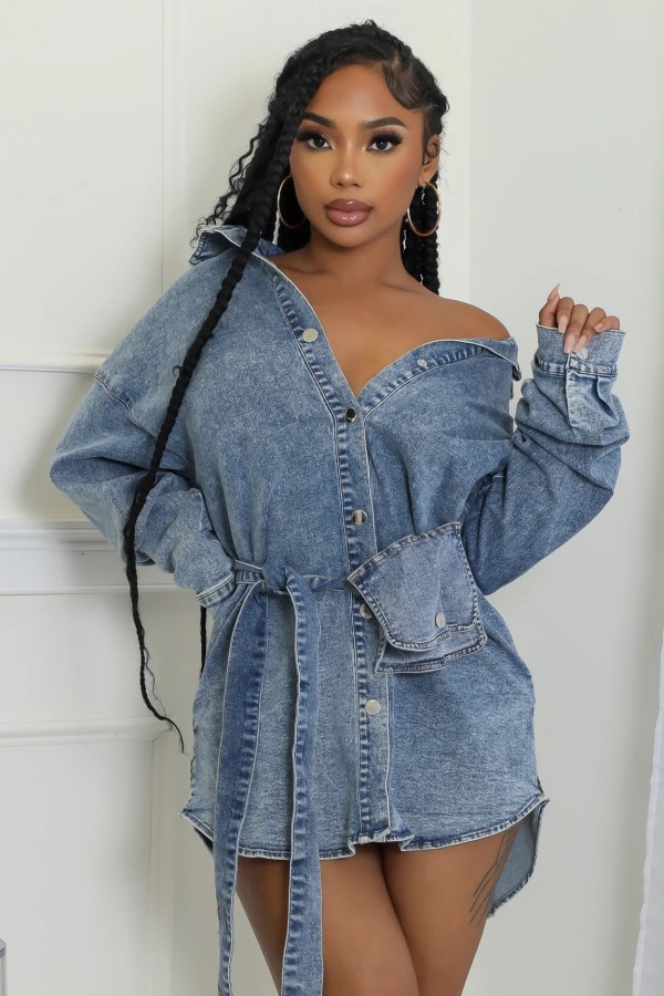 EVE Long Sleeve Single-breasted Tie Up Denim Coat WXHY-XHY4013