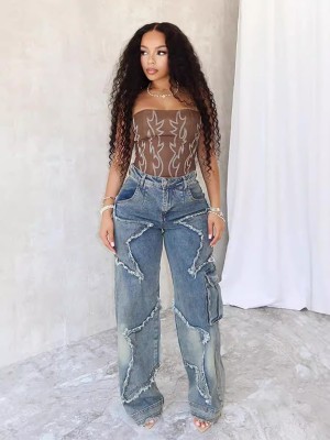 EVE Star Tassel Raw Edge Loose Straight Jeans WXHY-XHY377
