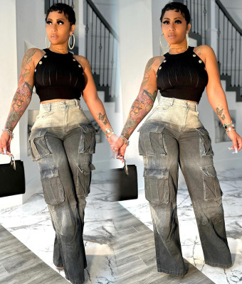 EVE Plus Size Multi-Pocket Gradient Color Wide Leg Jeans GAKF-50215