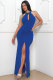 EVE Halterneck Pearl Chain Backless Split Maxi Dress NY-3360