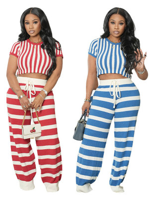 EVE Stripe Short Sleeve T Shirt Wide Leg Pants Suit SFY-2796