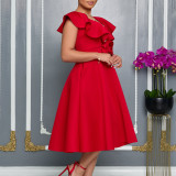 EVE Plus Size V Neck Ruffles Big Swing Midi Dress GATE-565
