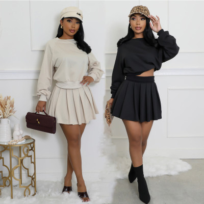 EVE Solid Color Long Sleeve Pleated Skirt 2 Piece Set SFY-2797