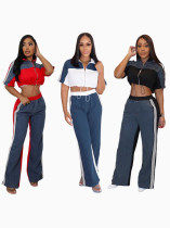 EVE Color Block Zipper Drawstring Tops Pants Suit SFY-2798