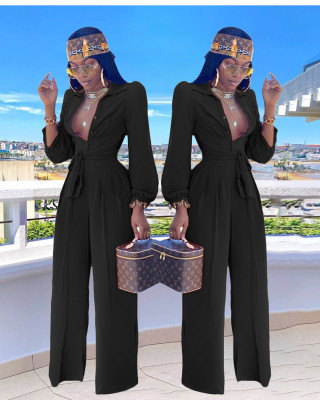 EVE Solid Color Shirt Neck Jumpsuit(With Belt) SFY-8074