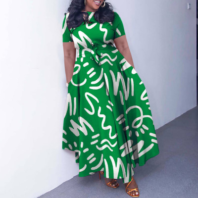 EVE Plus Size Print Tie Up Short Sleeve Maxi Dress GMLF-3323