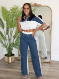 EVE Color Block Zipper Drawstring Tops Pants Suit SFY-2798