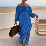 EVE Solid Color Off Shoulder Split Long Skirt 2 Piece Set SFY-9067