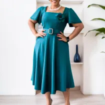 EVE Plus Size Square Neck Solid Corsage High Waist Midi Dress GATE-568