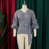 EVE Plus Size V-neck Bubble Sleeve Big Bow Blouse GMLF-3319
