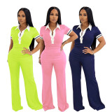 EVE Short Sleeve Contrast Color Casusal Pants Suit SFY-637