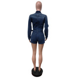 EVE Solid Color Zipper Tie Up Denim Romper MEM-88625