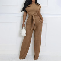 EVE Solid Color Short Sleeve Slim Two Piece Pants Set GSMJ-6983