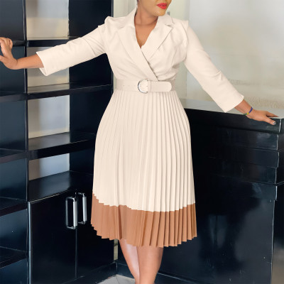 EVE Plus Size Color Block Press Pleated Midi Dress GMLF-3318