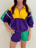 EVE Contrast Color Patchwork Pearl Trim Shorts Set SFY-643