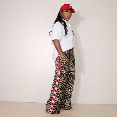 EVE Leopard Print Patchwork Stripe Pants QXLB-10115