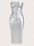 EVE Solid Color PU Leather Split Midi Dress GFMA-25058
