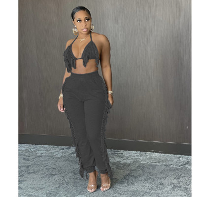 EVE Solid Color Sexy Tassel Backless Pants Suit GCNF-0134